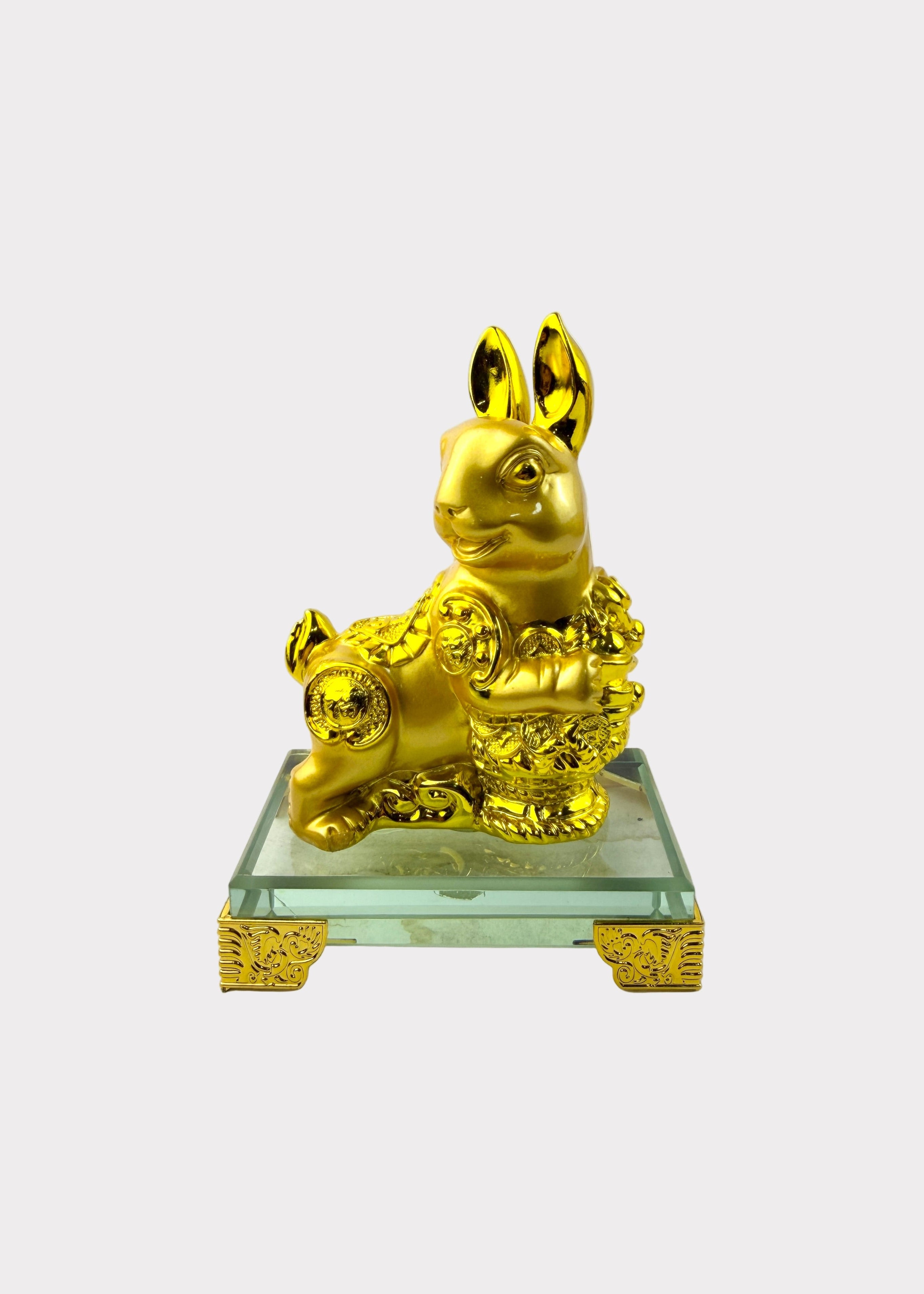 Golden Chinese Zodiac Rabbit Figurine – Glass Base – Rainbow