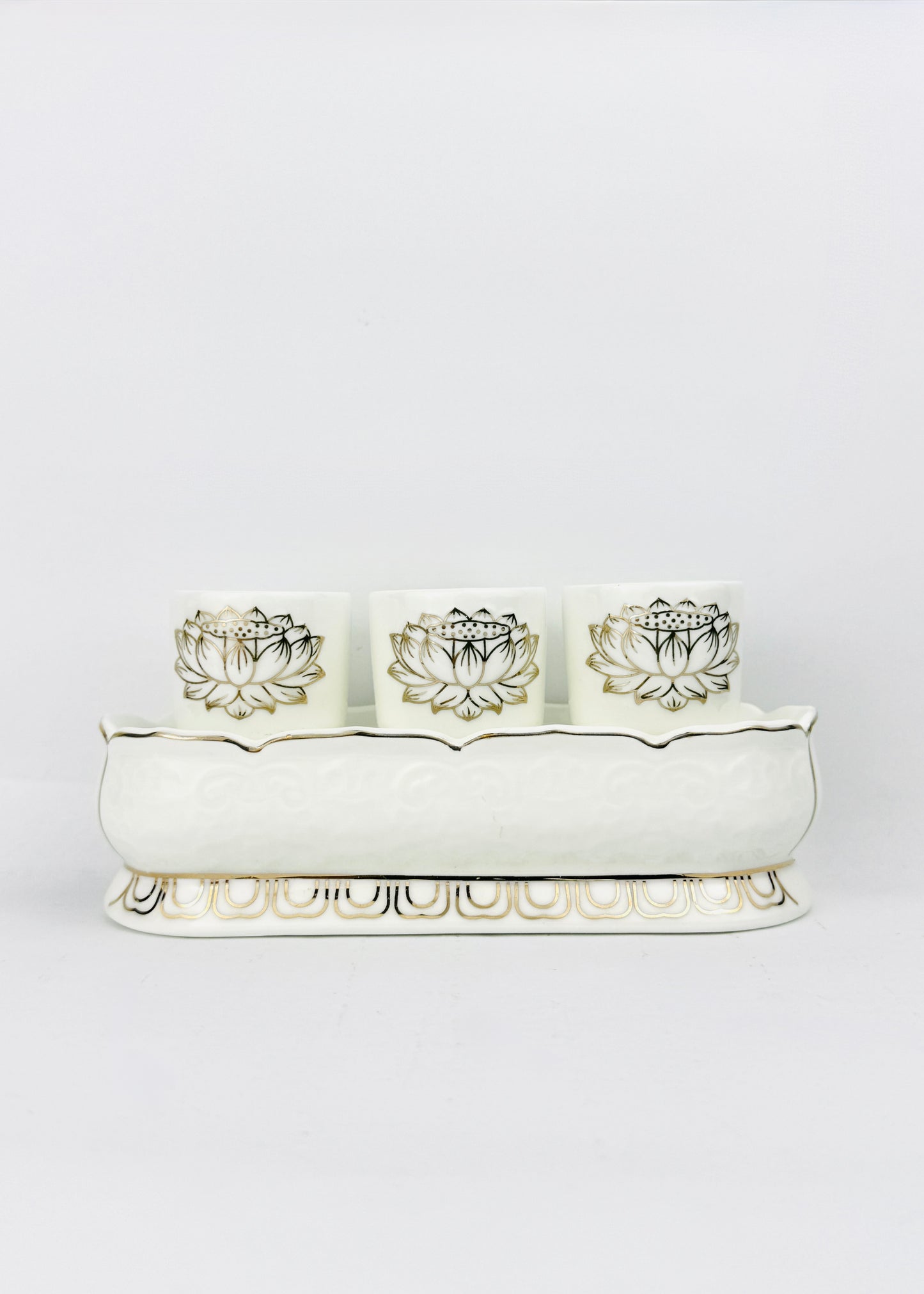 Lotus Linework Offering Cups - Raised Base Tray - White Porcelain Gold - 3 Cups