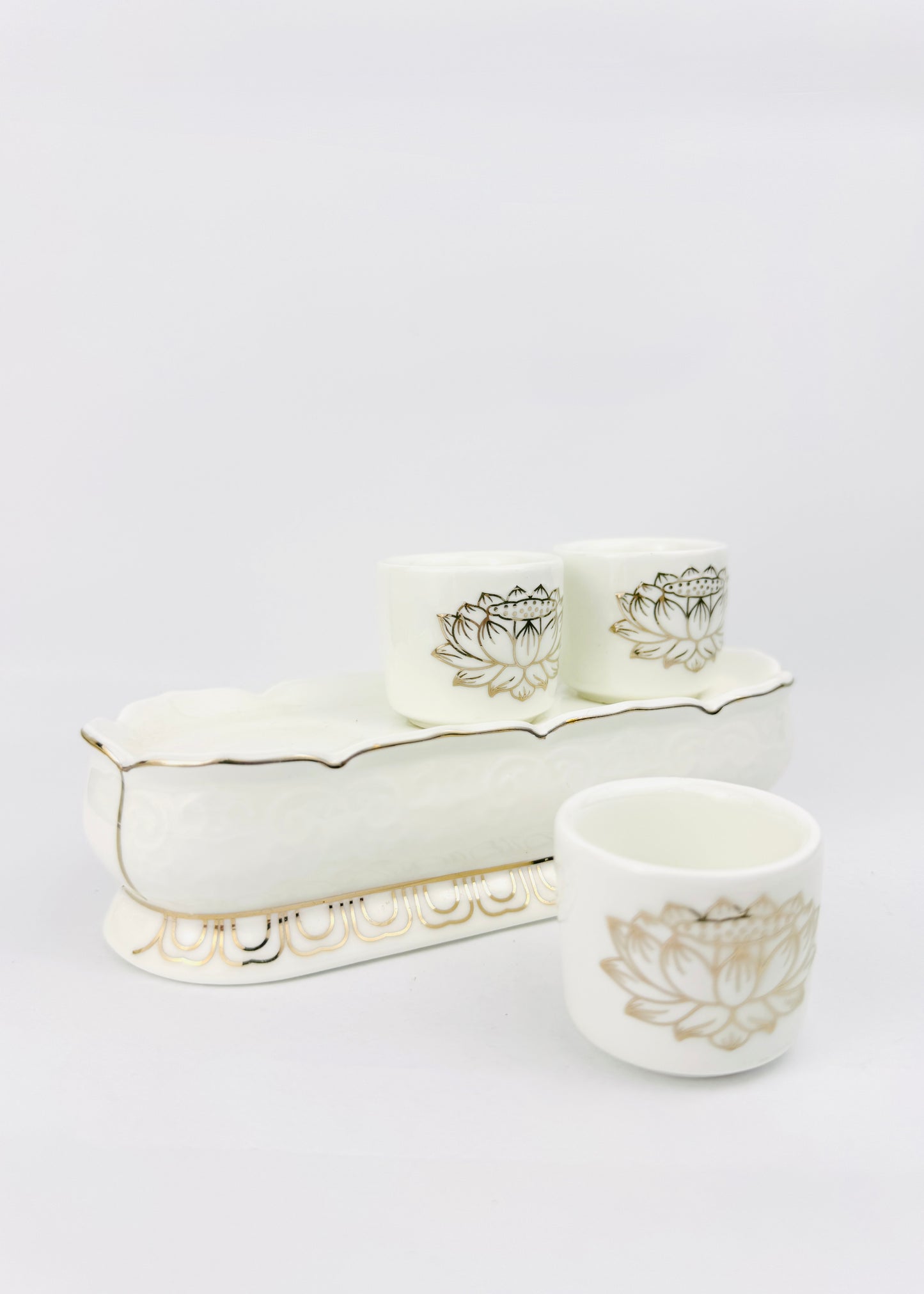 Lotus Linework Offering Cups - Raised Base Tray - White Porcelain Gold - 3 Cups