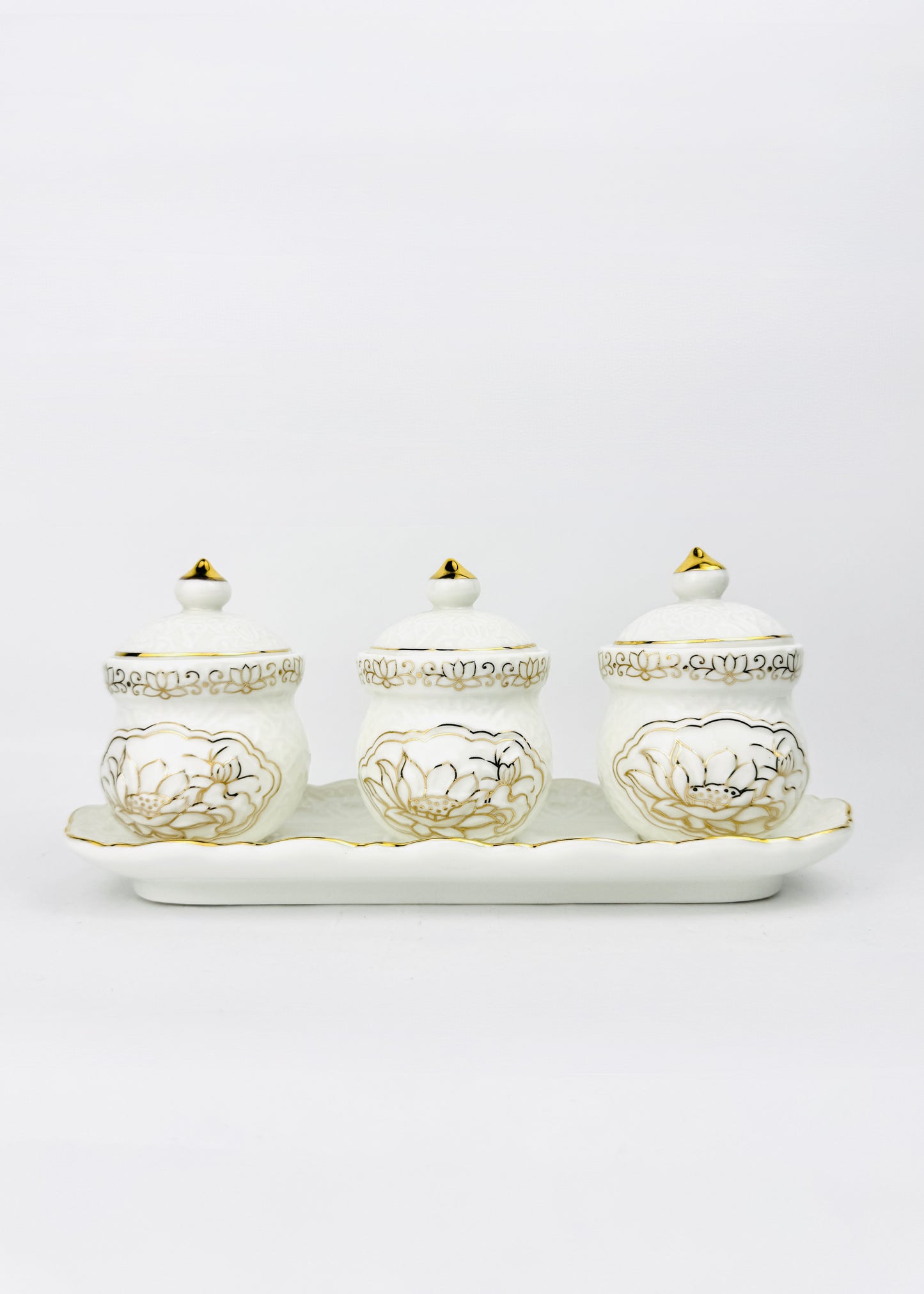 Auspicious Script Covered Offering Cups Set - Ivory Porcelain - Lotus Rim Tray - 3 Cups