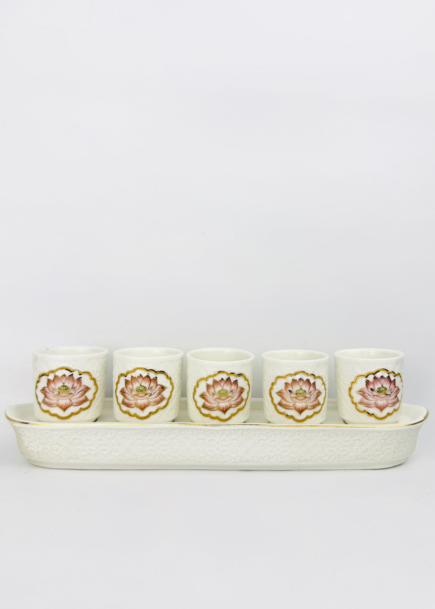 Lotus Medallion Altar Offering Cups Set - 5 Cups - Embossed Porcelain Tray - Gold Trim