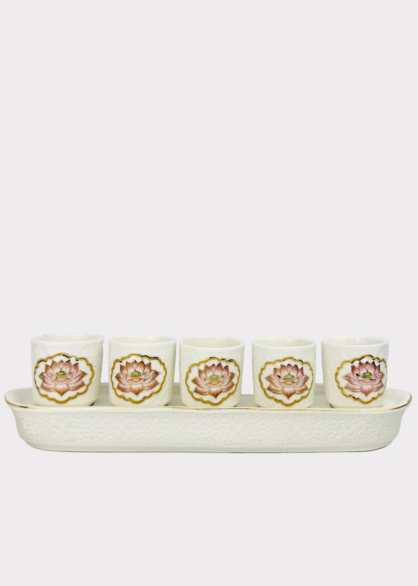 Lotus Medallion Altar Offering Cups Set - 5 Cups - Embossed Porcelain Tray - Gold Trim