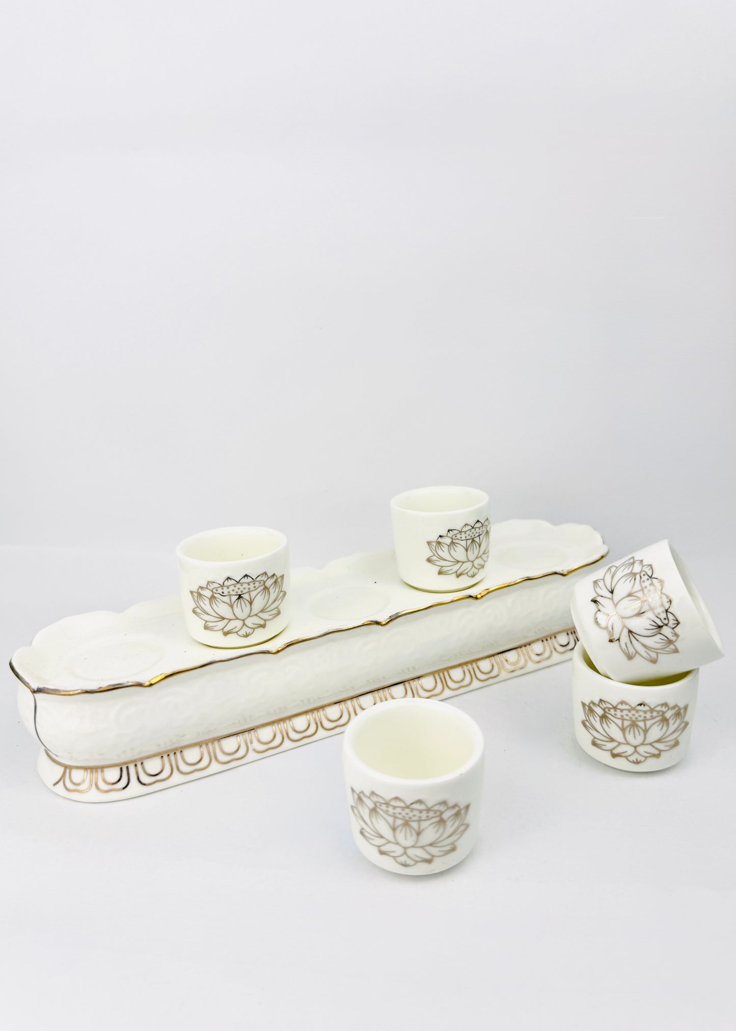 Lotus Linework Altar Offering Cups Set - Raised Base Tray - White Porcelain Gold - 5 Cups