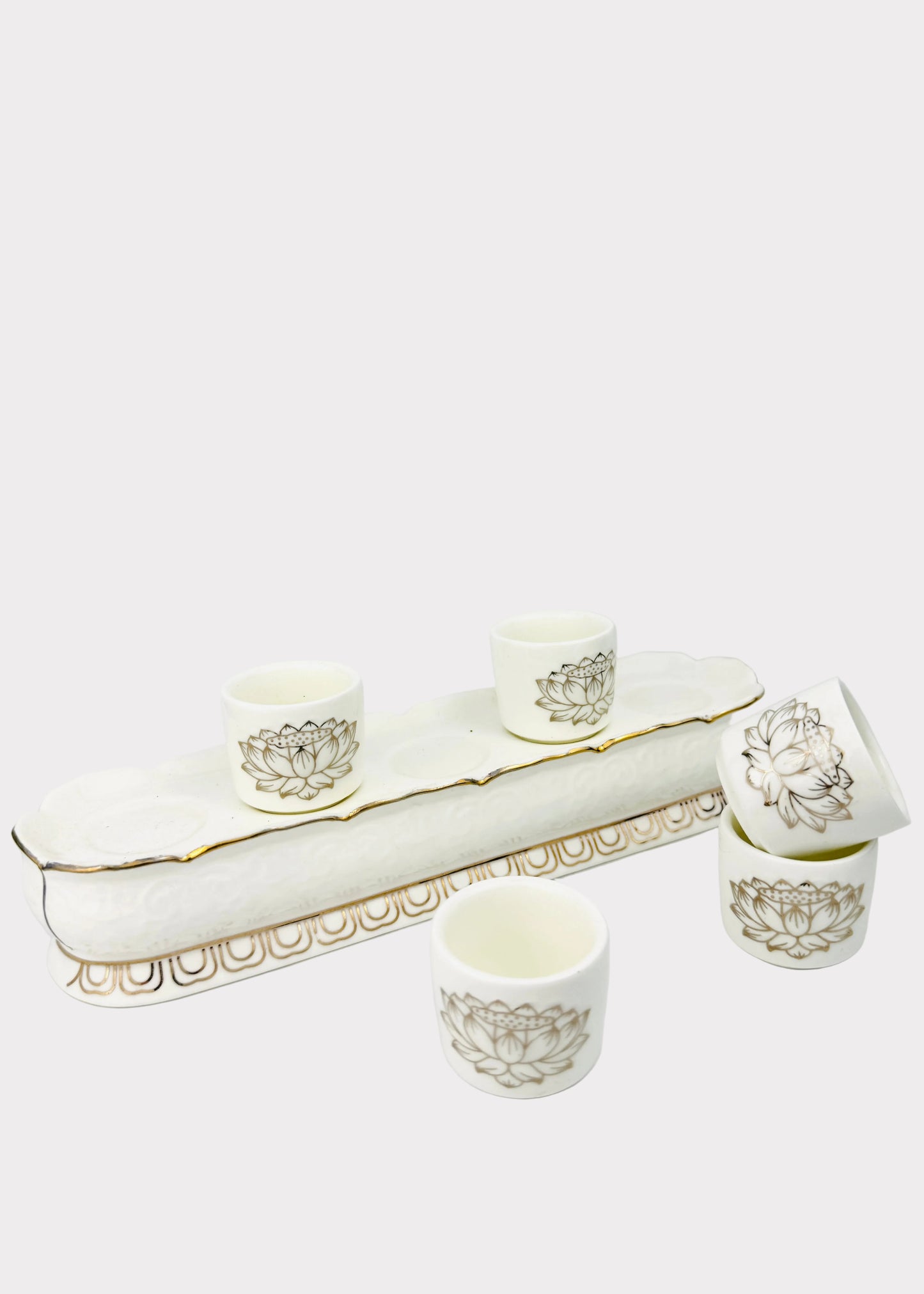 Lotus Linework Altar Offering Cups Set - Raised Base Tray - White Porcelain Gold - 5 Cups