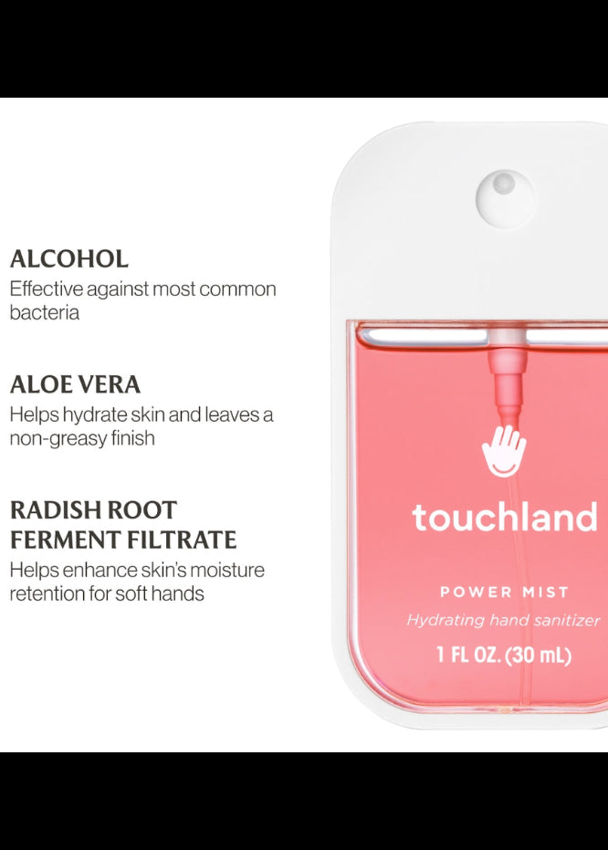 Touchland power mist hand sanitizer with ingredients listed on a white background