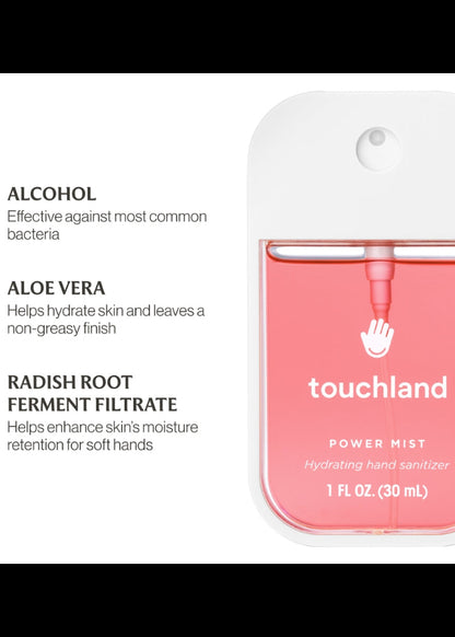 Touchland power mist hand sanitizer with ingredients listed on a white background