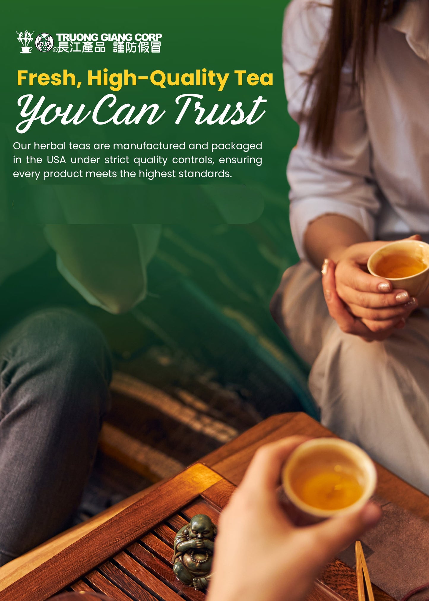 Promotional graphic for Truong Giang Corp herbal tea, featuring a person in a white shirt holding a cup of tea next to a wooden tea tray, with text reading 'Fresh, High-Quality Tea You Can Trust' on a dark green background.