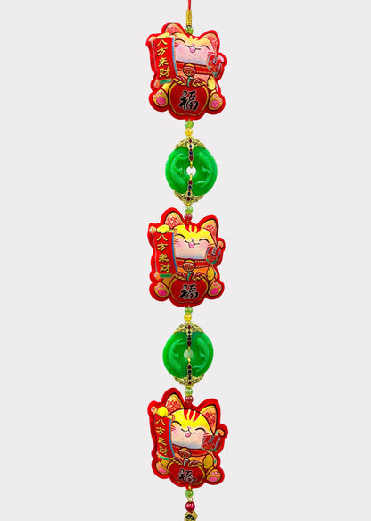 Lucky Money Cat Hanging Decor – 3 Plush Felt Cats with Jade Pendants