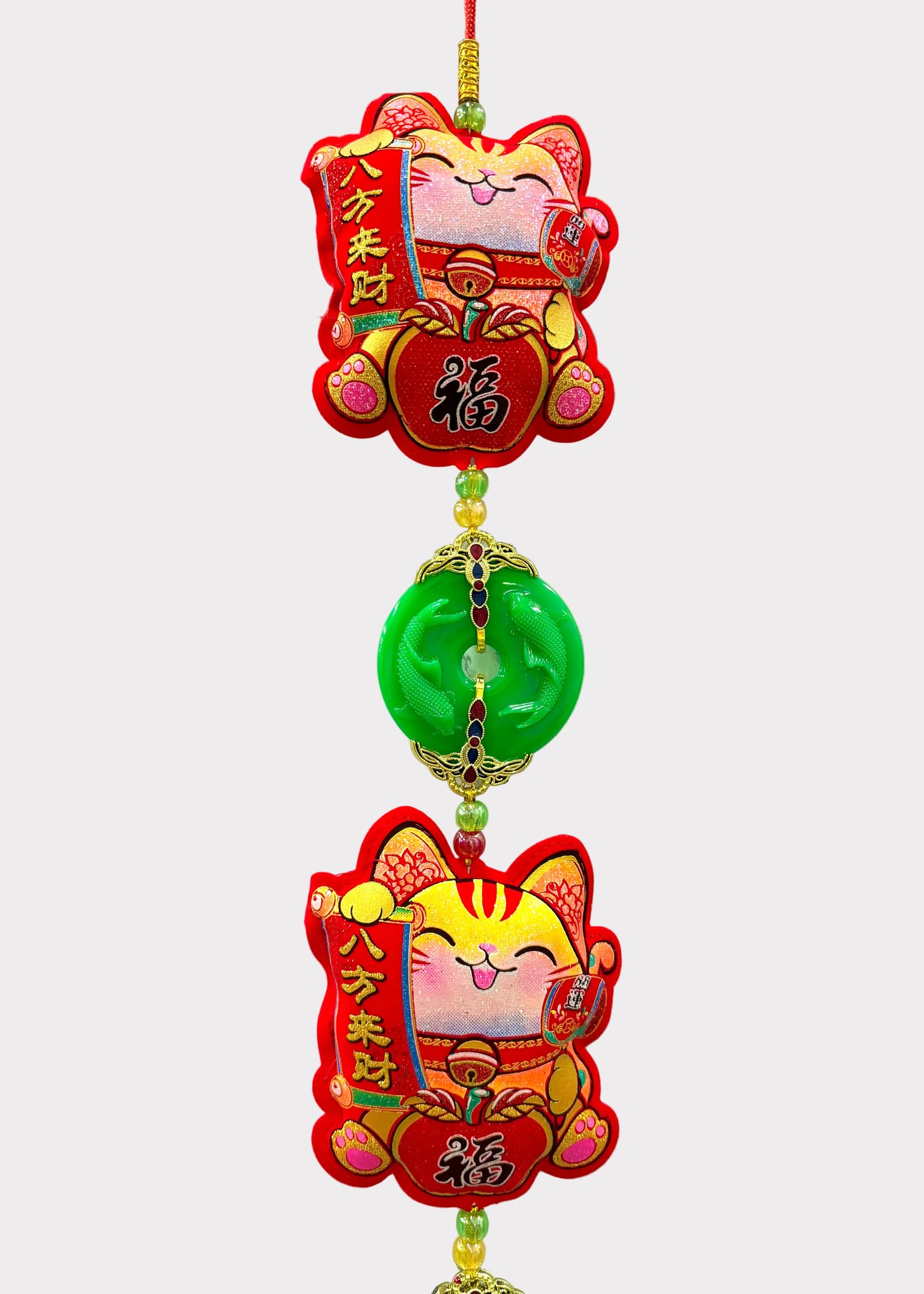 Lucky Money Cat Hanging Decor – 3 Plush Felt Cats with Jade Pendants