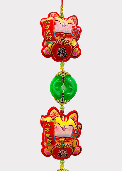 Lucky Money Cat Hanging Decor – 3 Plush Felt Cats with Jade Pendants