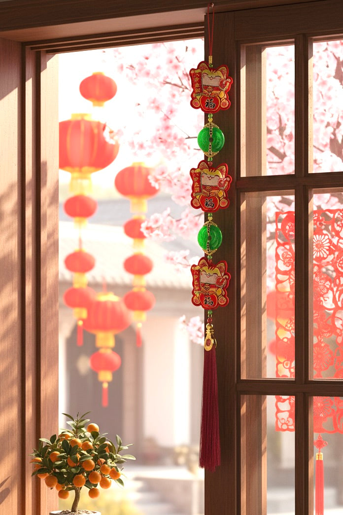 Lucky Money Cat Hanging Decor – 3 Plush Felt Cats with Jade Pendants