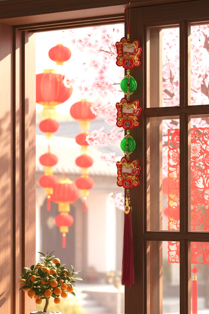 Lucky Money Cat Hanging Decor – 3 Plush Felt Cats with Jade Pendants