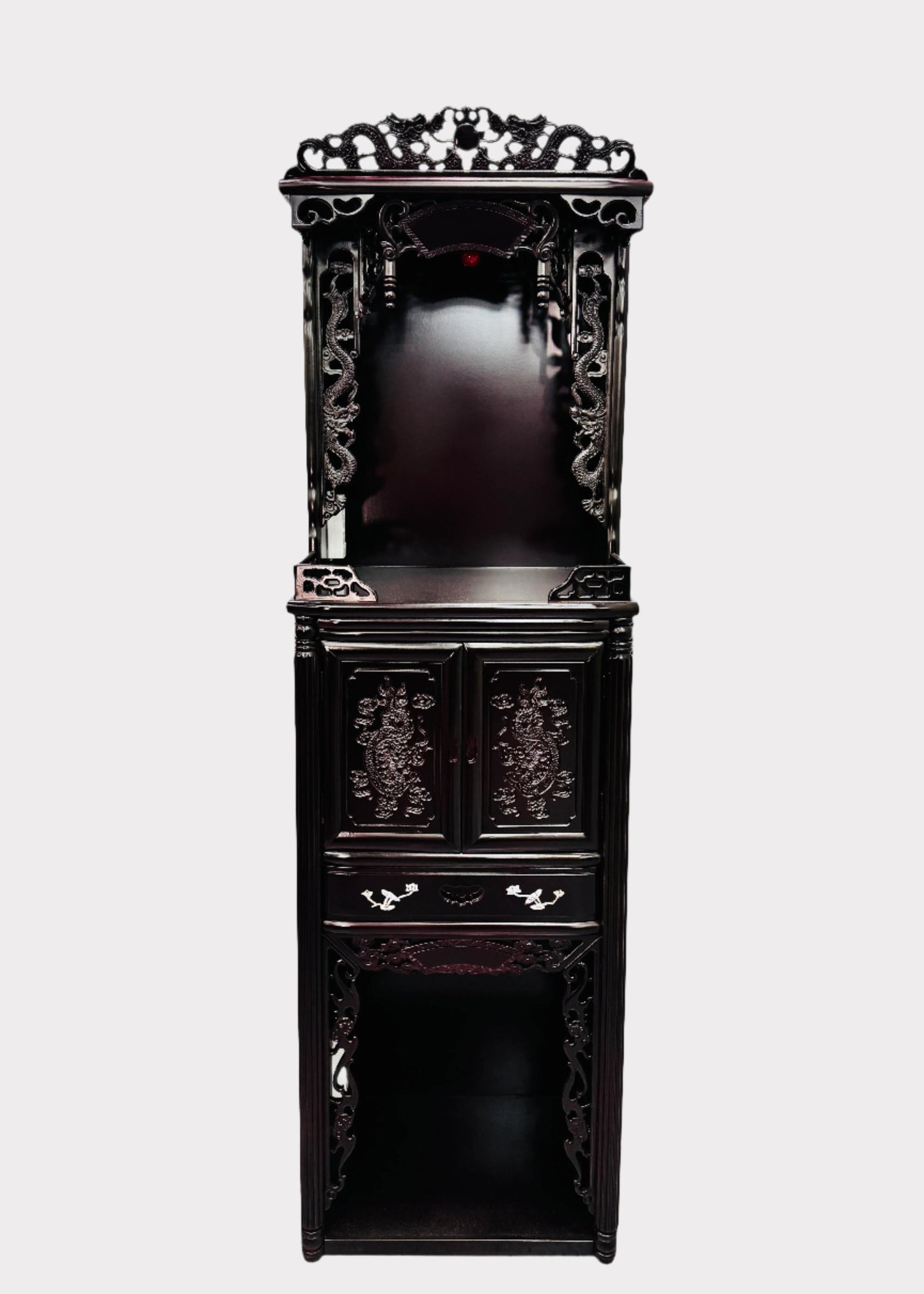 Lacquered plywood altar with twin dragon carvings – front view – Rainbow Rosemead