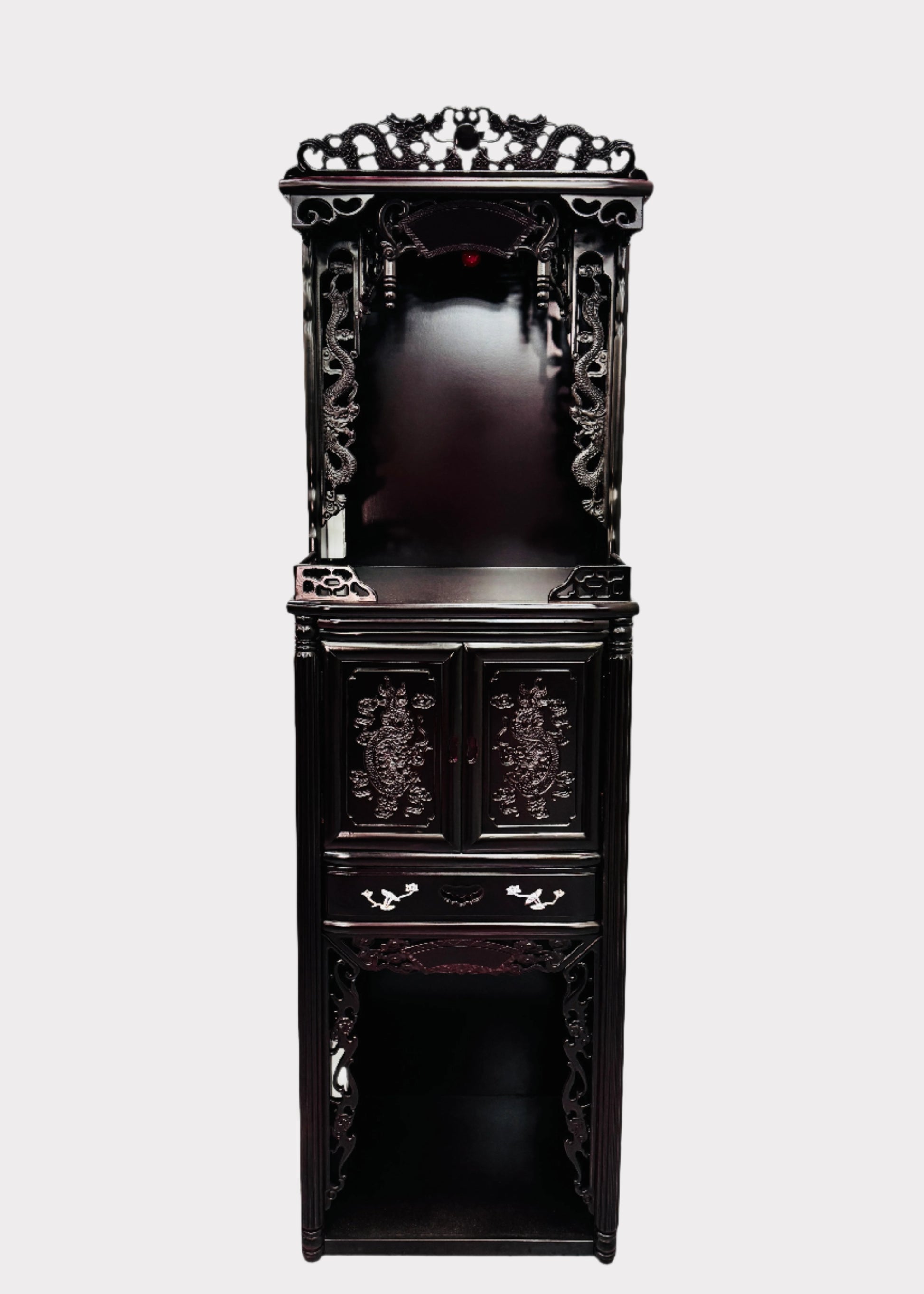 Lacquered plywood altar with twin dragon carvings – front view – Rainbow Rosemead