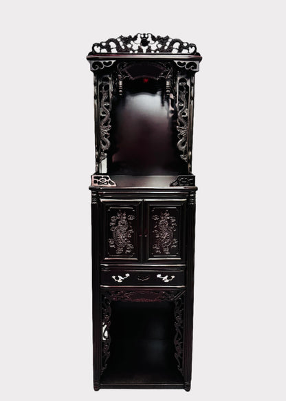 Lacquered plywood altar with twin dragon carvings – front view – Rainbow Rosemead