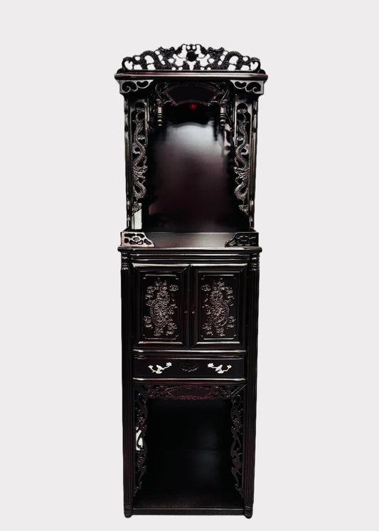 Lacquered plywood altar with twin dragon carvings – front view – Rainbow Rosemead