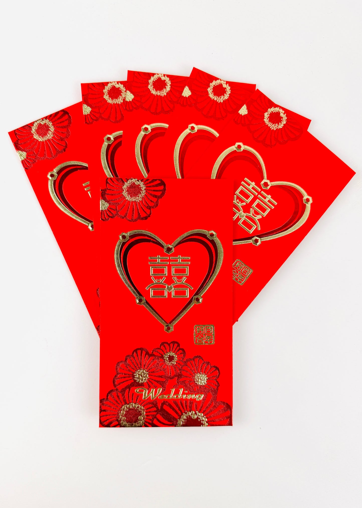 Double Happiness Wedding Thick Red Envelope – 囍 Heart Design – Gold Foil (6 Count)