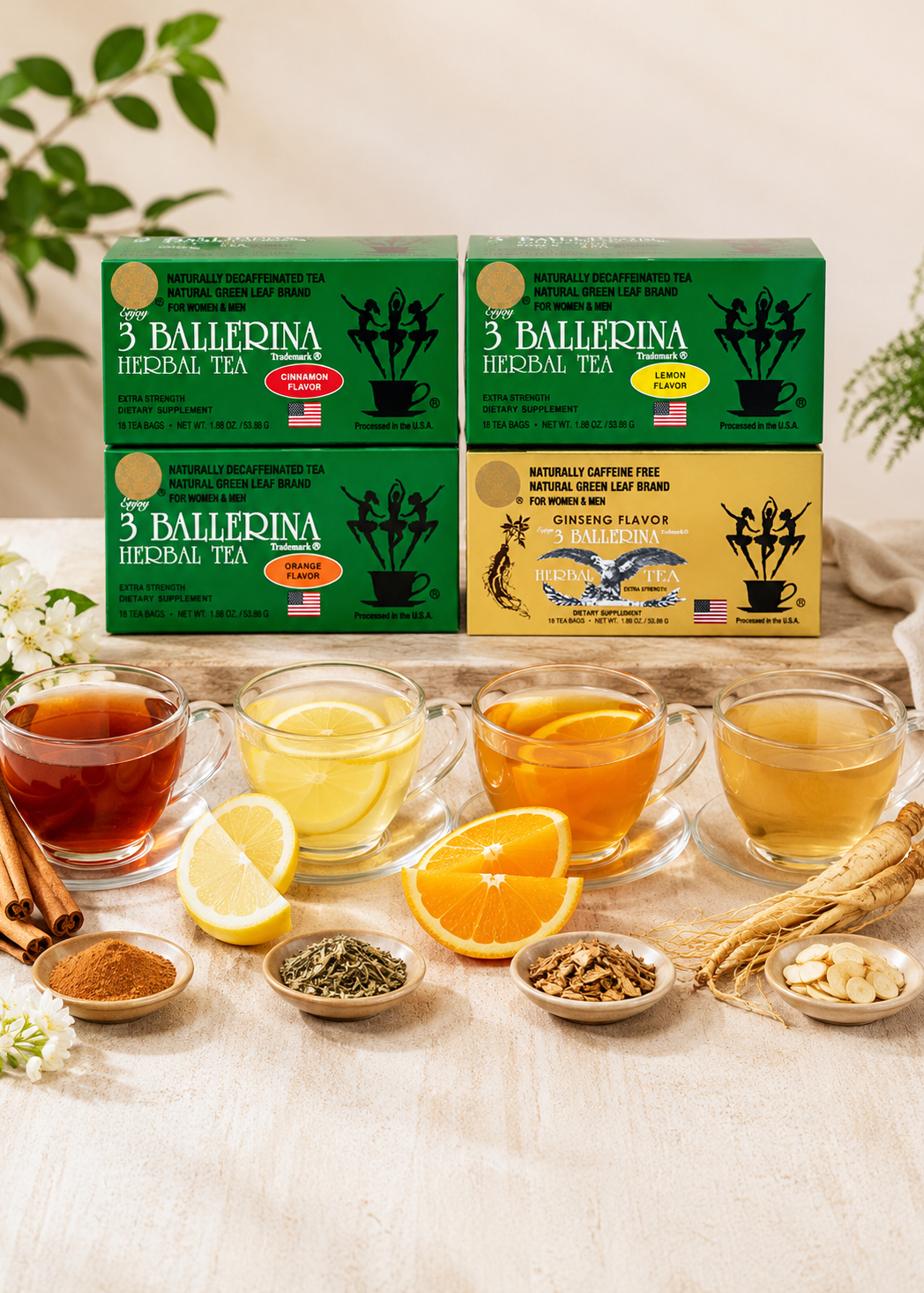 3 Ballerina Herbal Tea - Cinnamon, Lemon, Orange & Ginseng - 18 Tea Bags