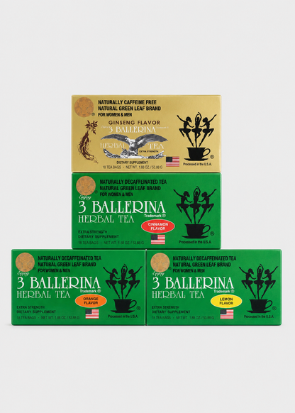 Three boxes of 3 Ballerina Herbal Tea arranged in a stacked layout on a light gray background. The top box is gold with a ginger flavor label, and the two bottom boxes are green with black silhouettes and flavor stickers in orange and yellow.