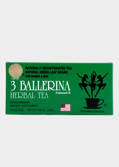 A green box of 3 Ballerina Herbal Tea, naturally decaffeinated tea for women and men, featuring white text and a black silhouette of three ballerinas jumping from a teacup.