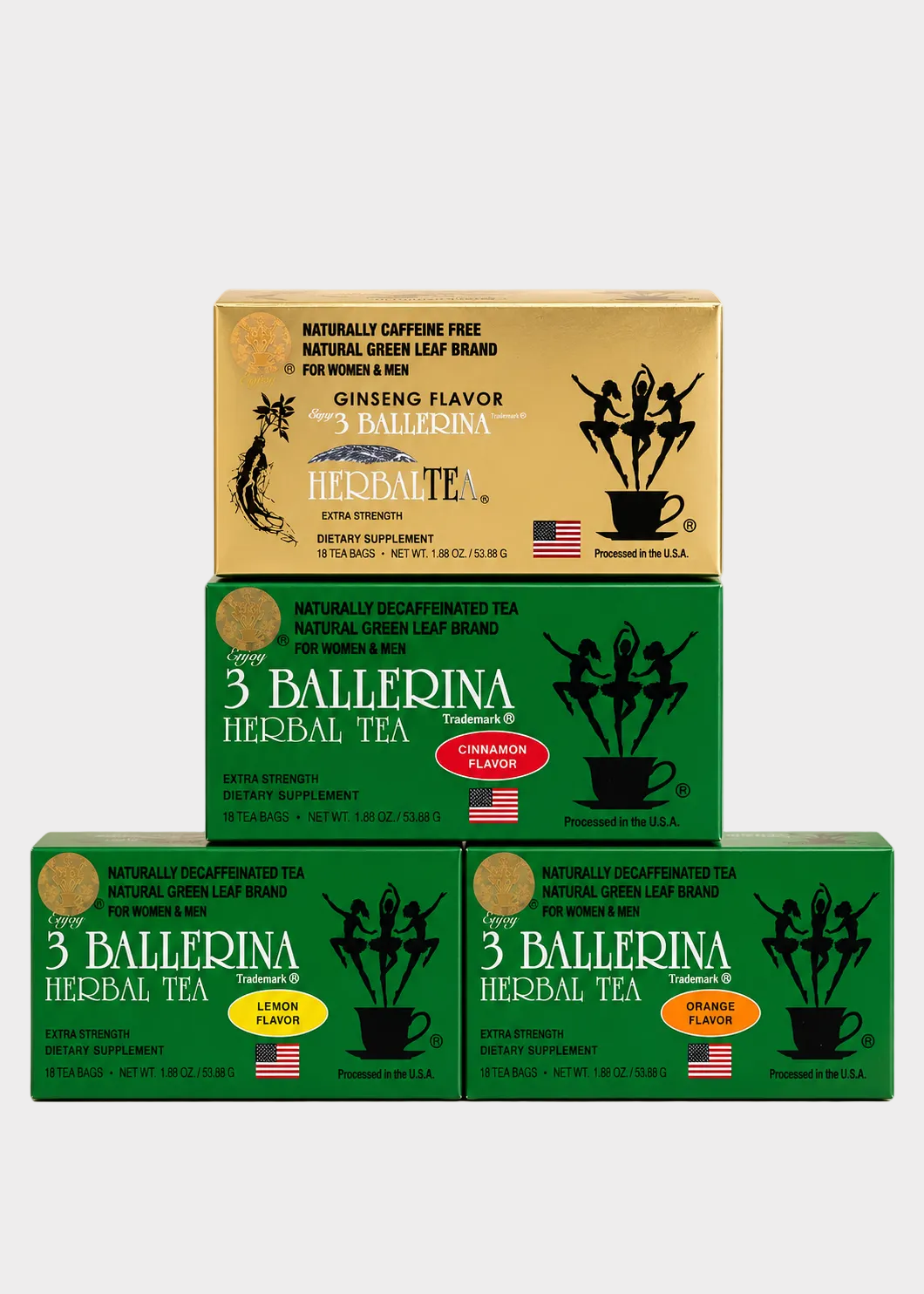 Three boxes of 3 Ballequina Herbal Tea stacked on top of each other against a soft beige background with blurred green leaves. The top box is golden beige (Ginseng Flavor), and the bottom two are dark green (Lemon and Orange flavors).