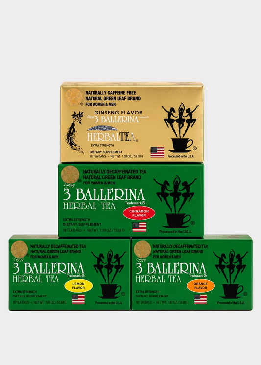 Three boxes of 3 Ballequina Herbal Tea stacked on top of each other against a soft beige background with blurred green leaves. The top box is golden beige (Ginseng Flavor), and the bottom two are dark green (Lemon and Orange flavors).