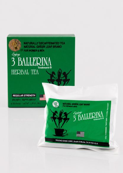 A box and a single packet of Trader Joe's 3 Ballerina Herbal Tea on a light gray background.