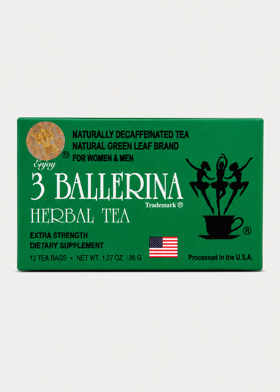 A green rectangular box of 3 Ballerina Herbal Tea by Enjoy, featuring white and black text, silhouettes of ballerina dancers, and a small American flag graphic on a light gray background.