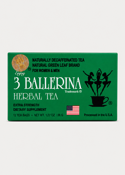 A green rectangular box of 3 Ballerina Herbal Tea by Enjoy, featuring white and black text, silhouettes of ballerina dancers, and a small American flag graphic on a light gray background.