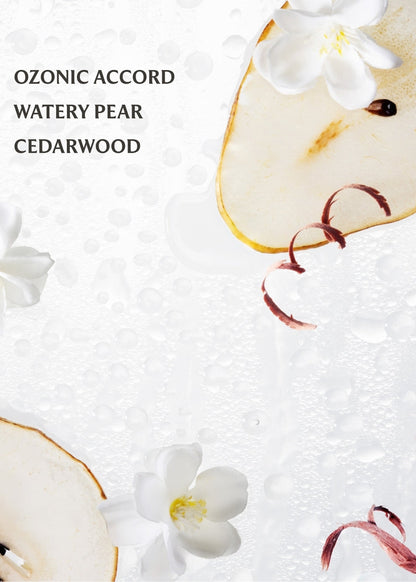 Pear slices and flowers with 'Ozonic Accord' text on a textured white background