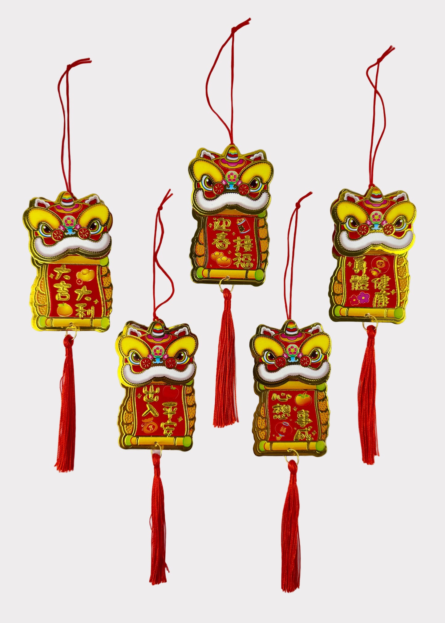 Paper Dancing Lion Ornament Charms - Red & Gold Good Luck Phrases - 5 Pack