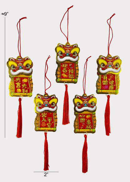 Paper Dancing Lion Ornament Charms - Red & Gold Good Luck Phrases - 5 Pack