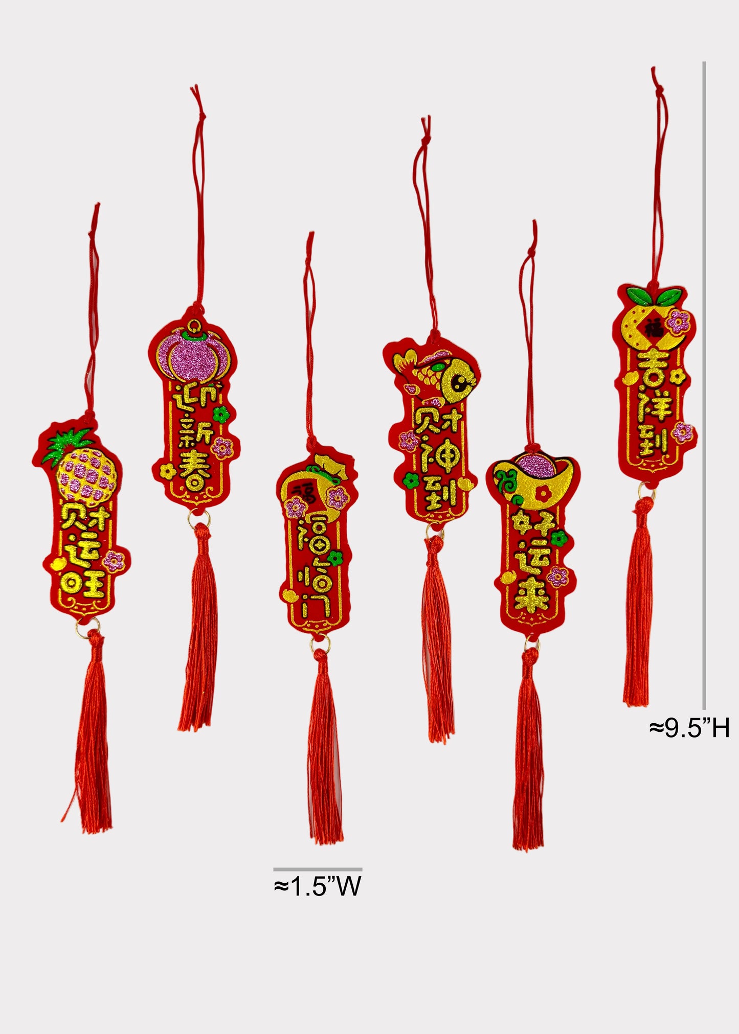 Vertical Lucky Symbol Felt Ornament Charms - Red & Gold Glitter Tassels - 6 Count Assorted