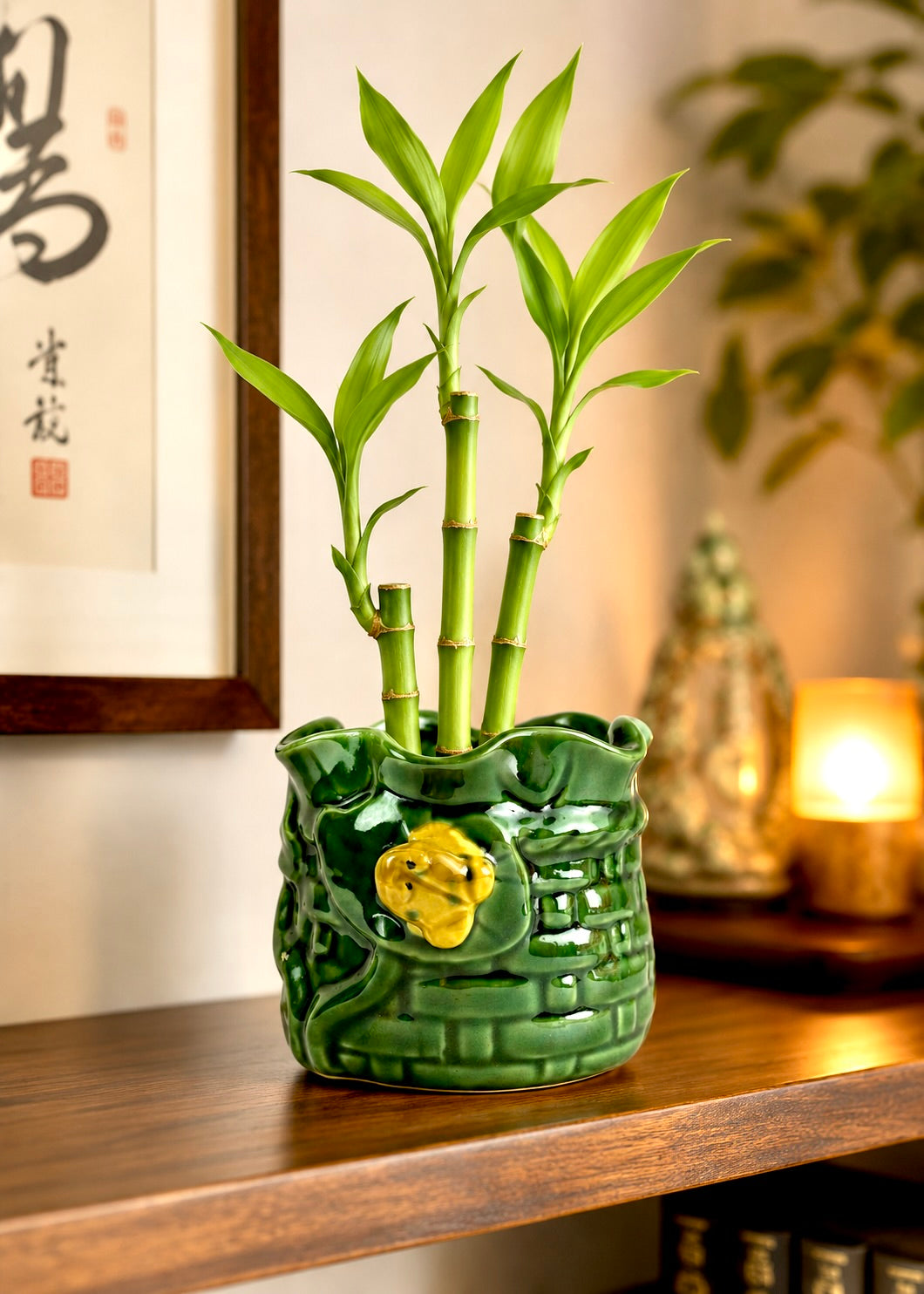 Green Woven Basket with Frog & Lotus - Lucky Bamboo Planter