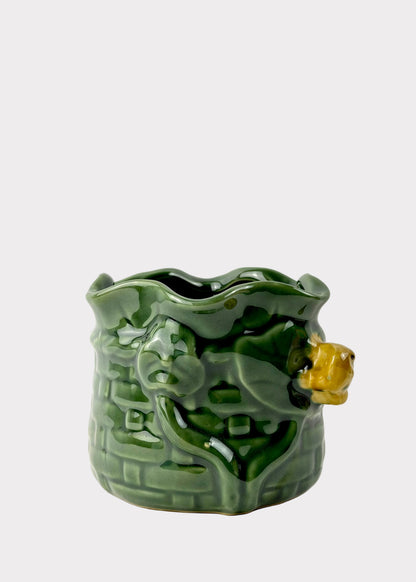 Green Woven Basket with Frog & Lotus - Lucky Bamboo Planter