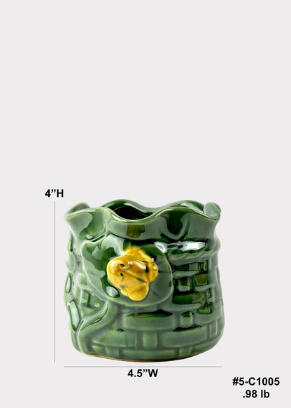 Green Woven Basket with Frog & Lotus - Lucky Bamboo Planter