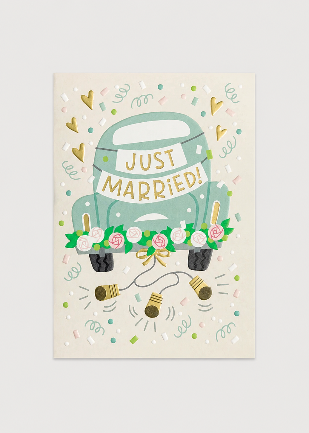 Card with a green car and 'Just Married!' text on a light background