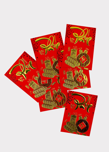 Lunar New Year Lucky Red Envelopes – Textured Gold Foil – 6 Envelopes – Random Style
