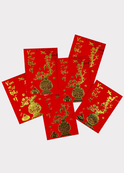 Lunar New Year Lucky Red Envelopes – Textured Gold Foil – 6 Envelopes – Random Style