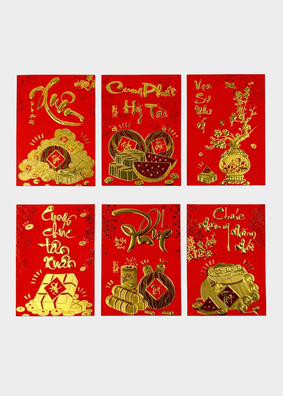 Lunar New Year Lucky Red Envelopes – Textured Gold Foil – 6 Envelopes – Random Style