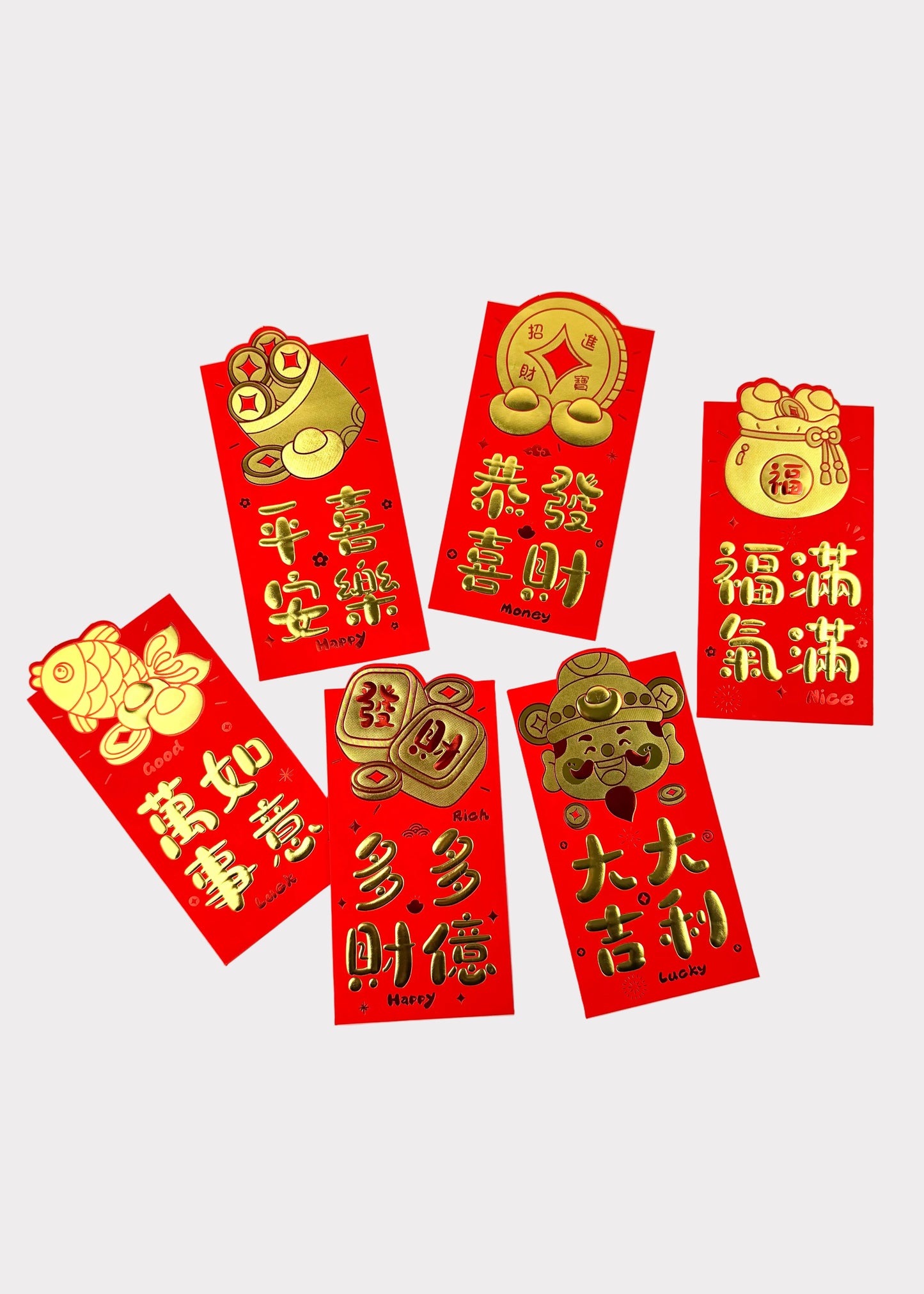 Cute Red Envelopes - 6 Folded Character Designs with Press-On Gold Foil