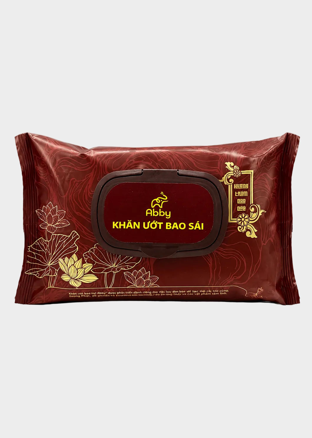 A pack of Abby brand wet wipes in a deep red packaging with gold lotus illustrations and a central dark red label with yellow text.