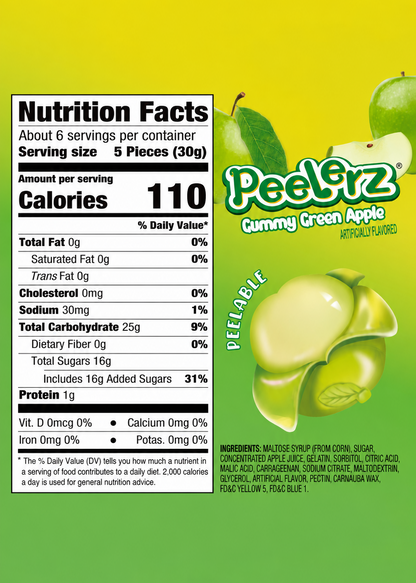 Peelerz Green Apple Peelable Gummy Candy 6 oz (170g) - Soft Fruit-Flavored Gummies