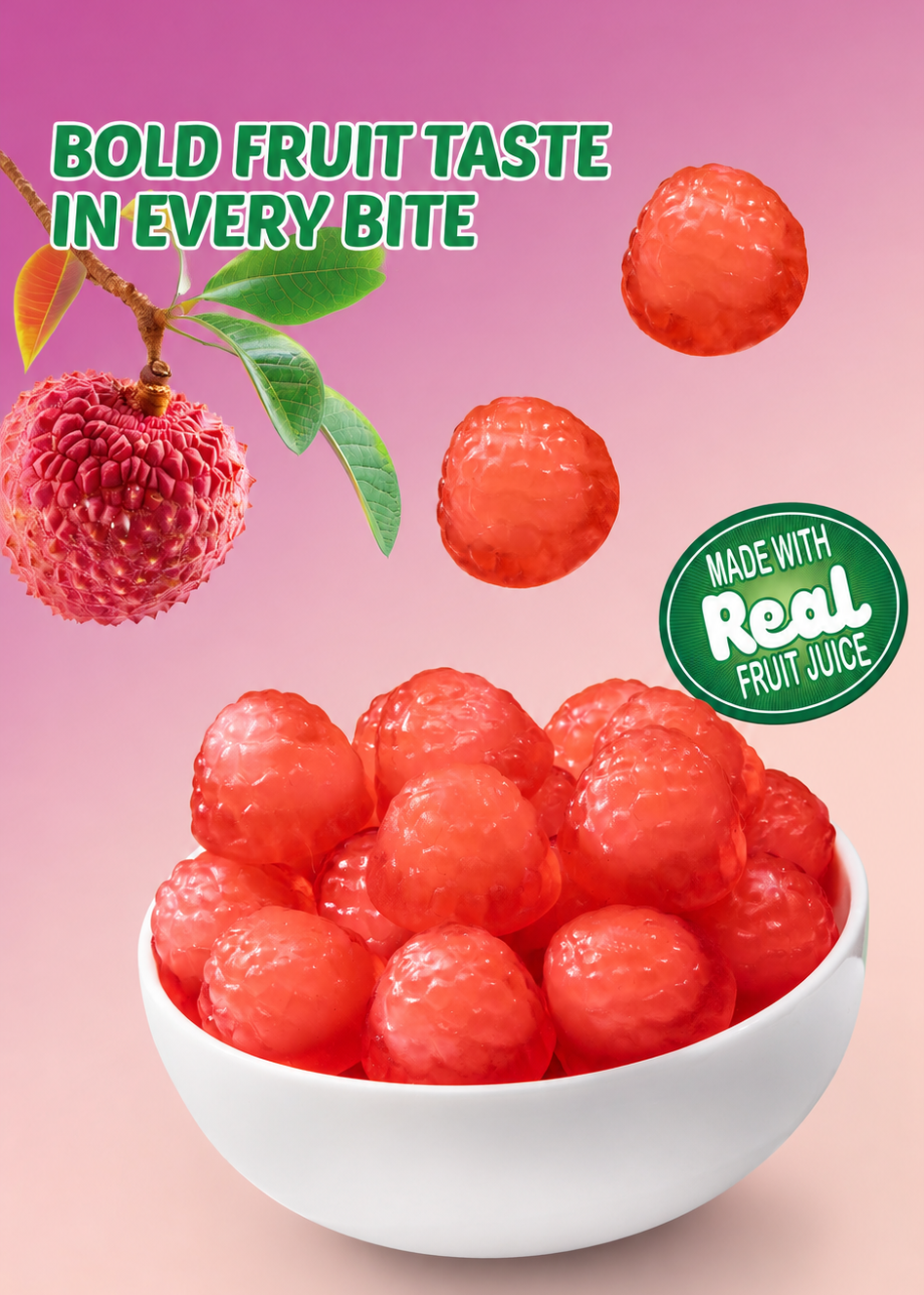 Fruit gummies in a bowl with text about bold fruit taste and real fruit juice on a pink background