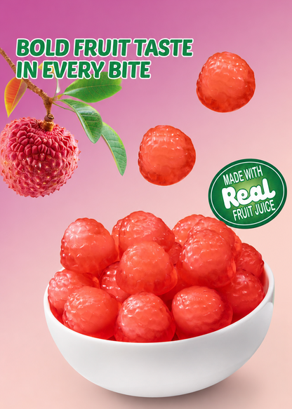 Fruit gummies in a bowl with text about bold fruit taste and real fruit juice on a pink background
