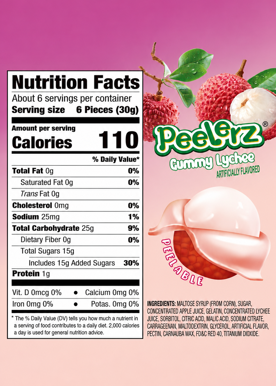 Nutrition facts label for Peeliz Gummy Lychee on a pink background