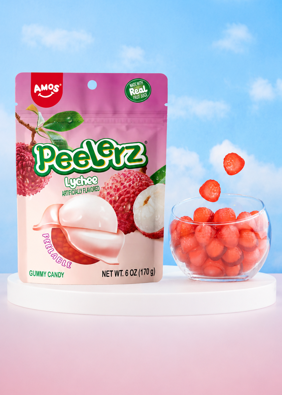 Amos Peelitz Litchi gummy candy package with a bowl of candies on a gradient background