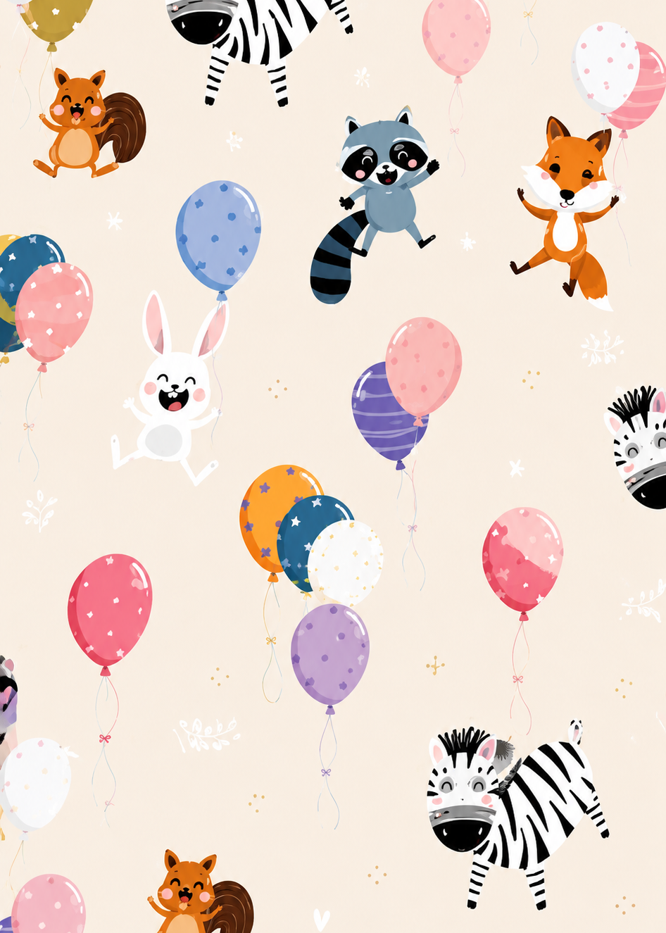 Pattern of cartoon animals and balloons on a beige background