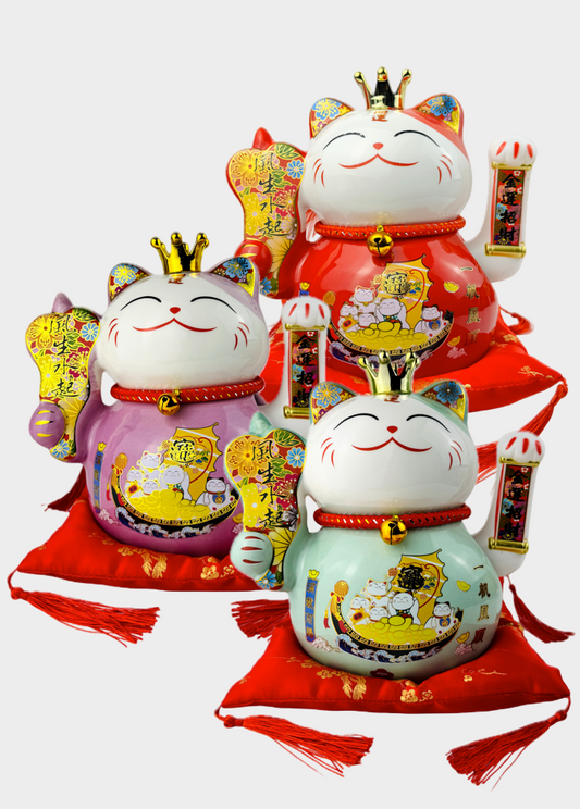 Money Cat – Porcelain Lucky Cat with Crown – Battery Powered
