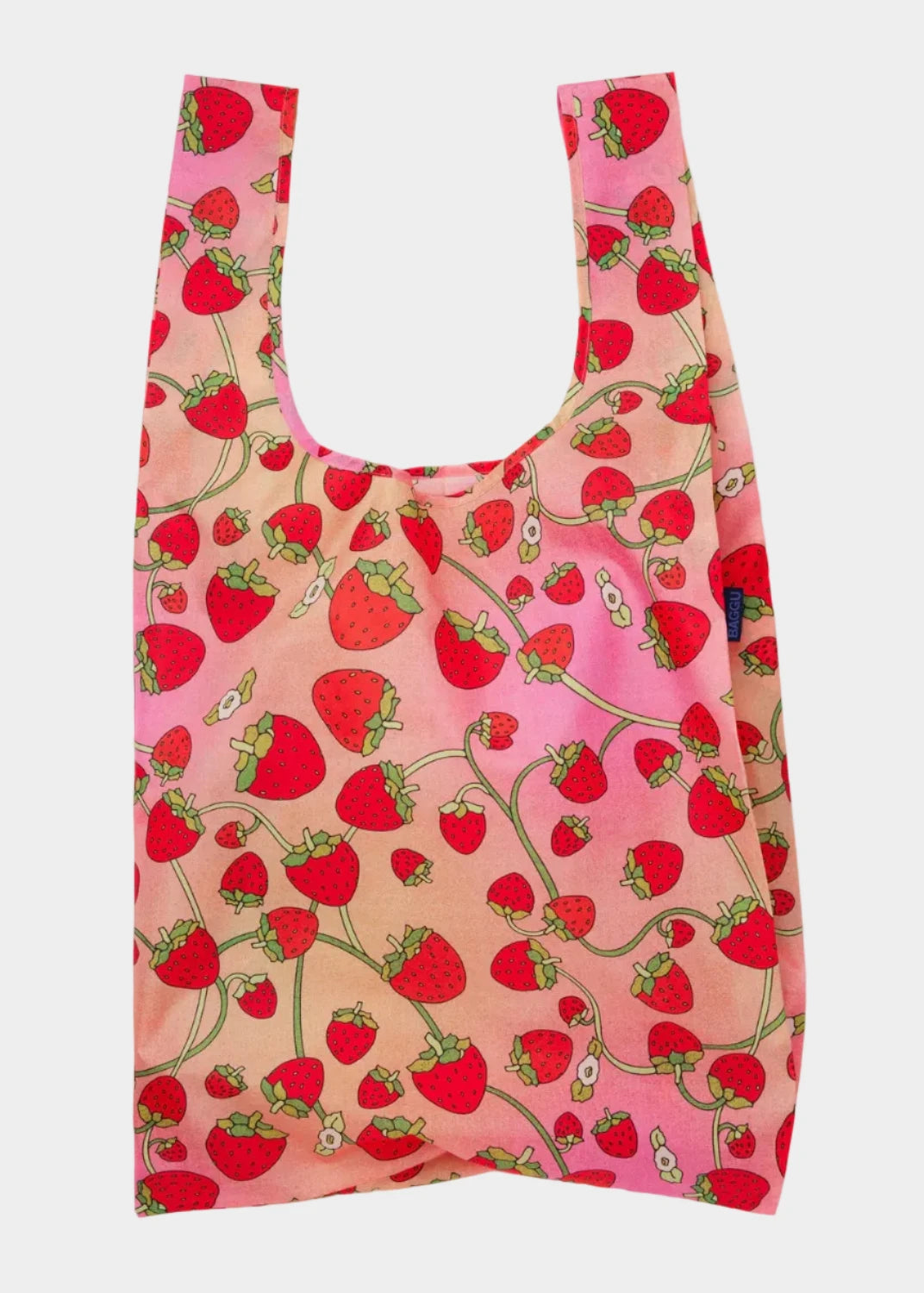Reusable bag with strawberry pattern on a white background